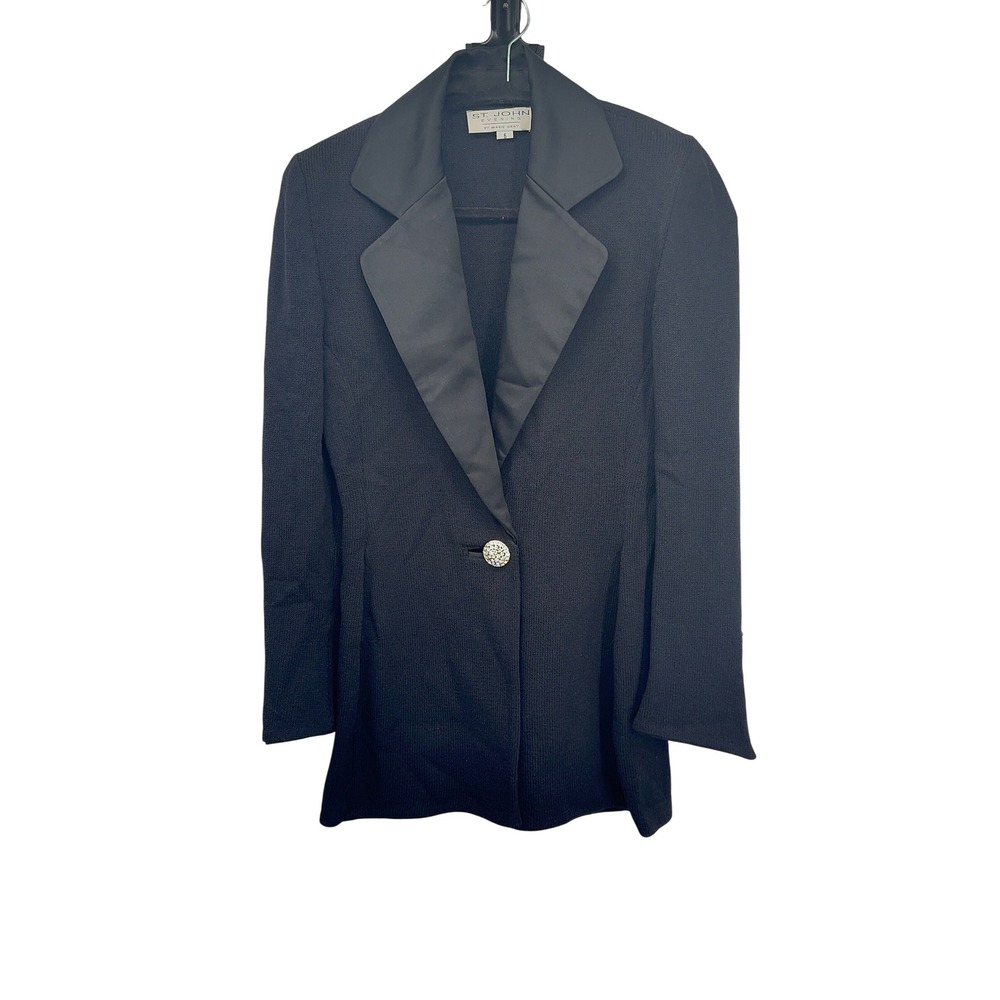 St. John Evening Blazer Size‎ 6 Black Knit Jacket Rhinestone Button Shawl Collar